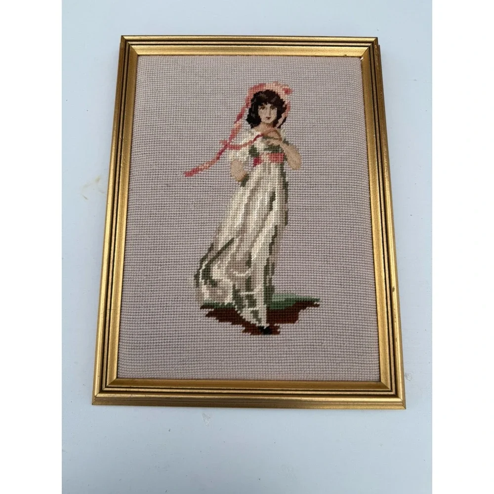 VTG‎ Needlepoint Framed Pink Girl 11